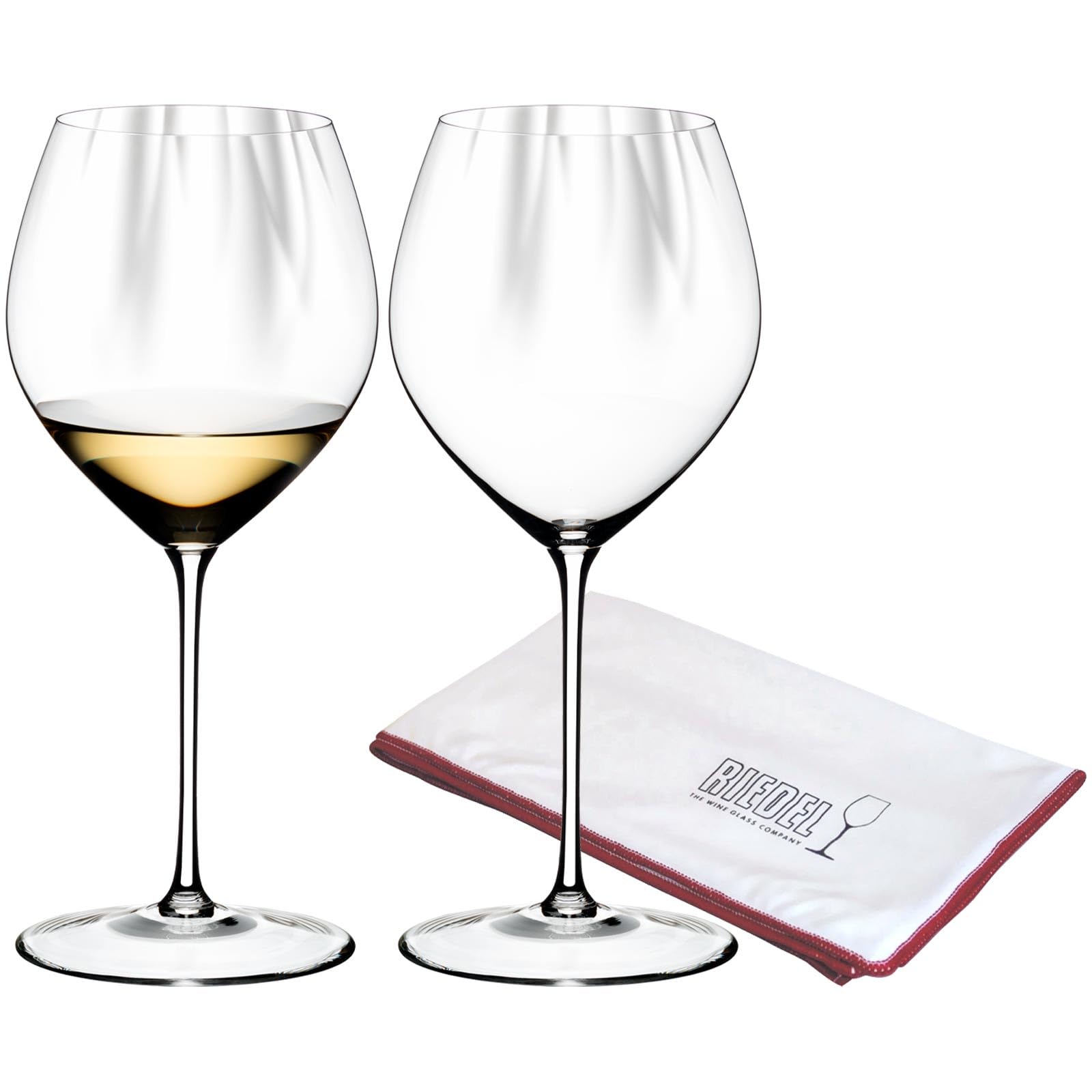 RIEDEL Performance Chardonnay Weinglas 2er Set, 727 ml, Weißweingläser mit Optik, Kristallglas, inklusive Poliertuch Logo (50 x 64 cm)