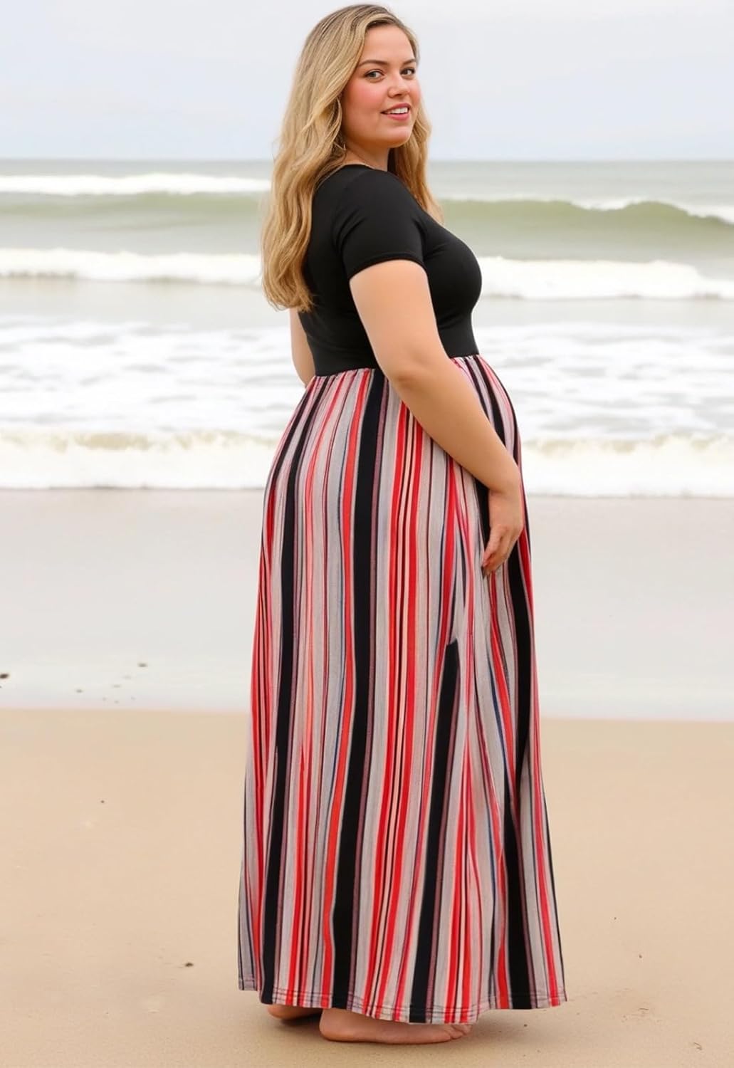 Nemidor Plus Size Maxi Dresses for Curvy Women Casual Short Sleeve Chevron Print Long Dress with Pocket 14-26 - Image 5