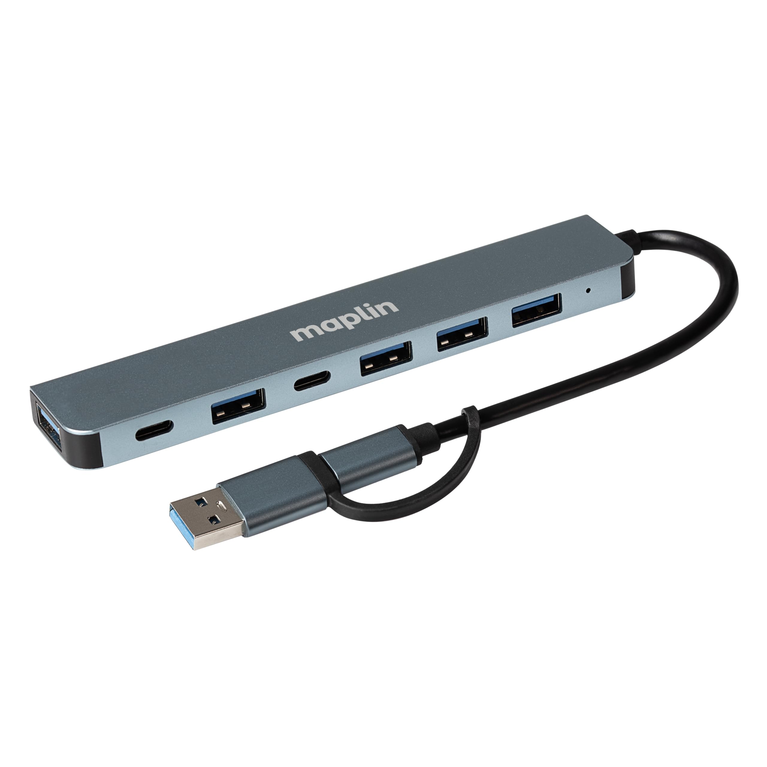 Maplin Multiport Hub - 7 Port Adapter with 4x USB-A 2.0, 1x USB-A 3.0 (5Gbps), 2x USB-C – Dual Input, 13cm Cable, Plug & Play, Compatible with Windows, Mac, Linux, Chrome OS