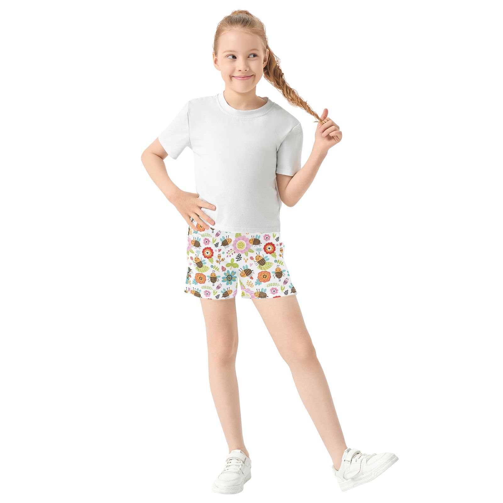 pnyoin Girl's Shorts Cute Bee Colorful Flowers Athletic Running Shorts with Pockets Size 12-13t Multi