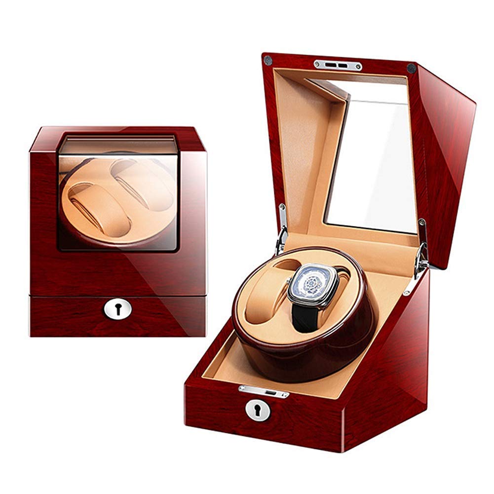 CGCSYZ Watch Winder 2 Watches Leather Watch Box Showcase With Lock And Key Motor 4 Rotation Modes Piano Lacquer (Brown A)
