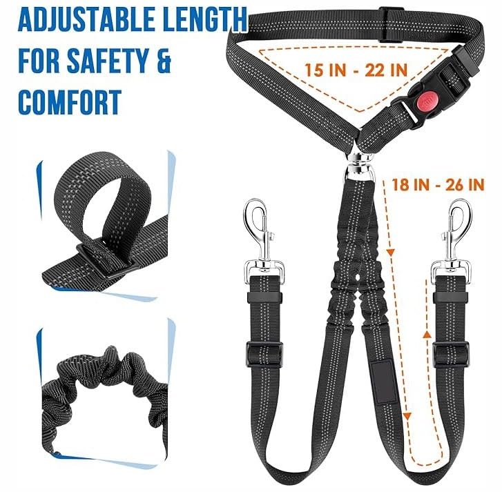 KUTKUT Double Dog Seat Belt, Dual Pet Car Headrest Restraint Safety Seatbelt No Tangle Dog Leash Duty Adjust Elastic Bungee Lead Splitter Connect Harness In Vehicle Travel For 2 Dogs (Black),75 cm 1