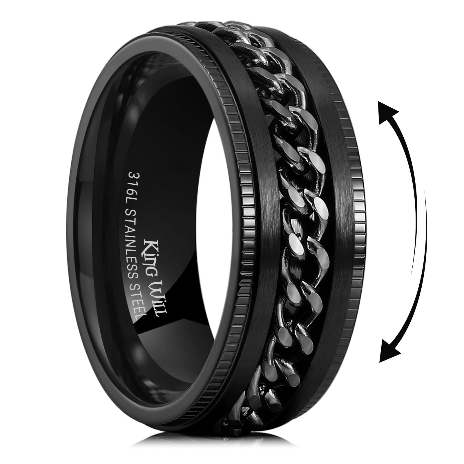 King Will 8 MMメンズブラックステンレススチール指輪センターチェーンスピナーリングウエディングリング