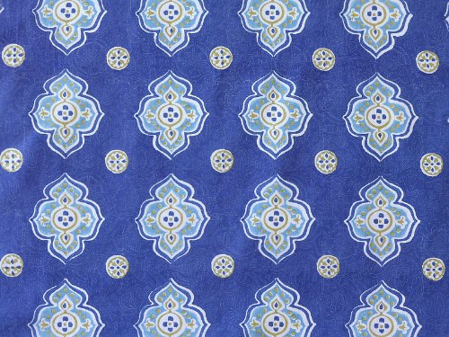 Saffron Marigold Casablanca Blues Moroccan Long Curtains | Stylized White Jacobean Quatrefoil Drapes | Hand Printed Sky Blue Clouds Sheer Cotton Voile Window Treatment 46 X 63 #TOP1