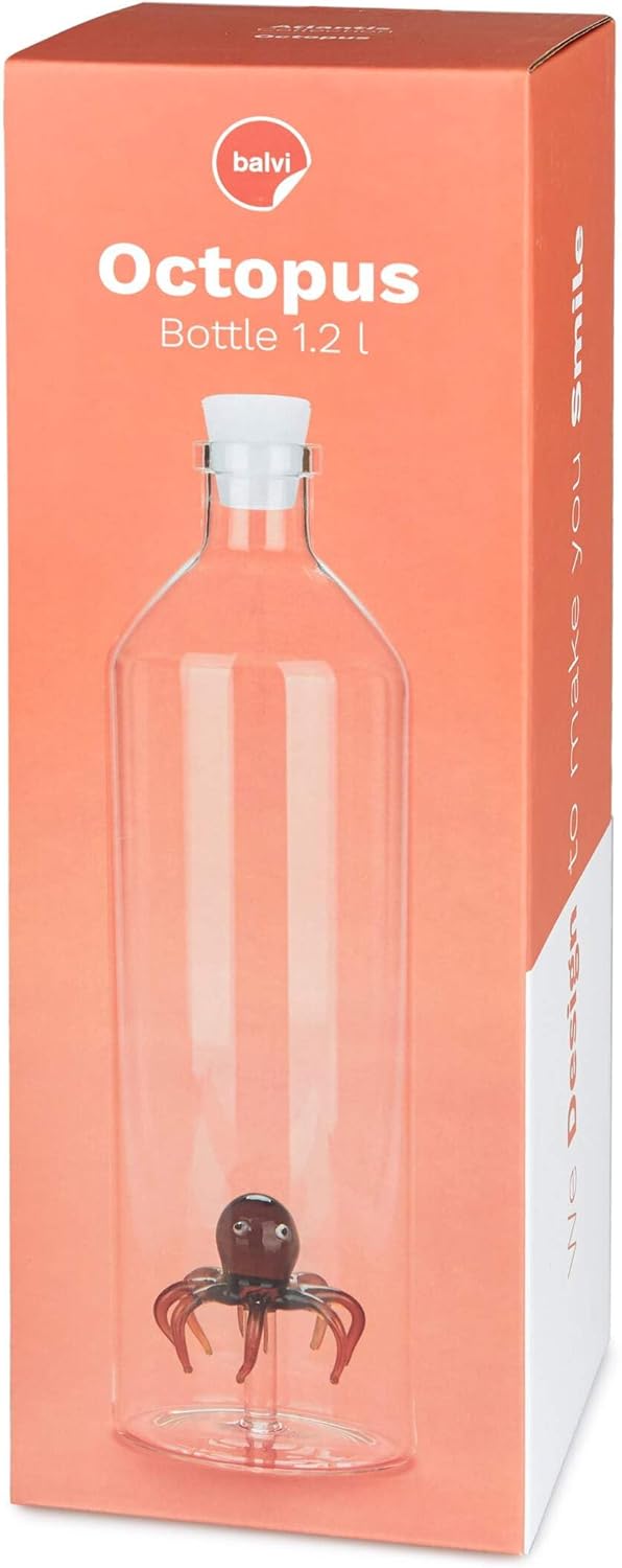 Balvi Atlantis Octopus Glass Water Bottle with Silicone Stopper, 1.2L Capacity, Borosilicate Glass, Decorative Octopus Inside – Botella de Pulpo