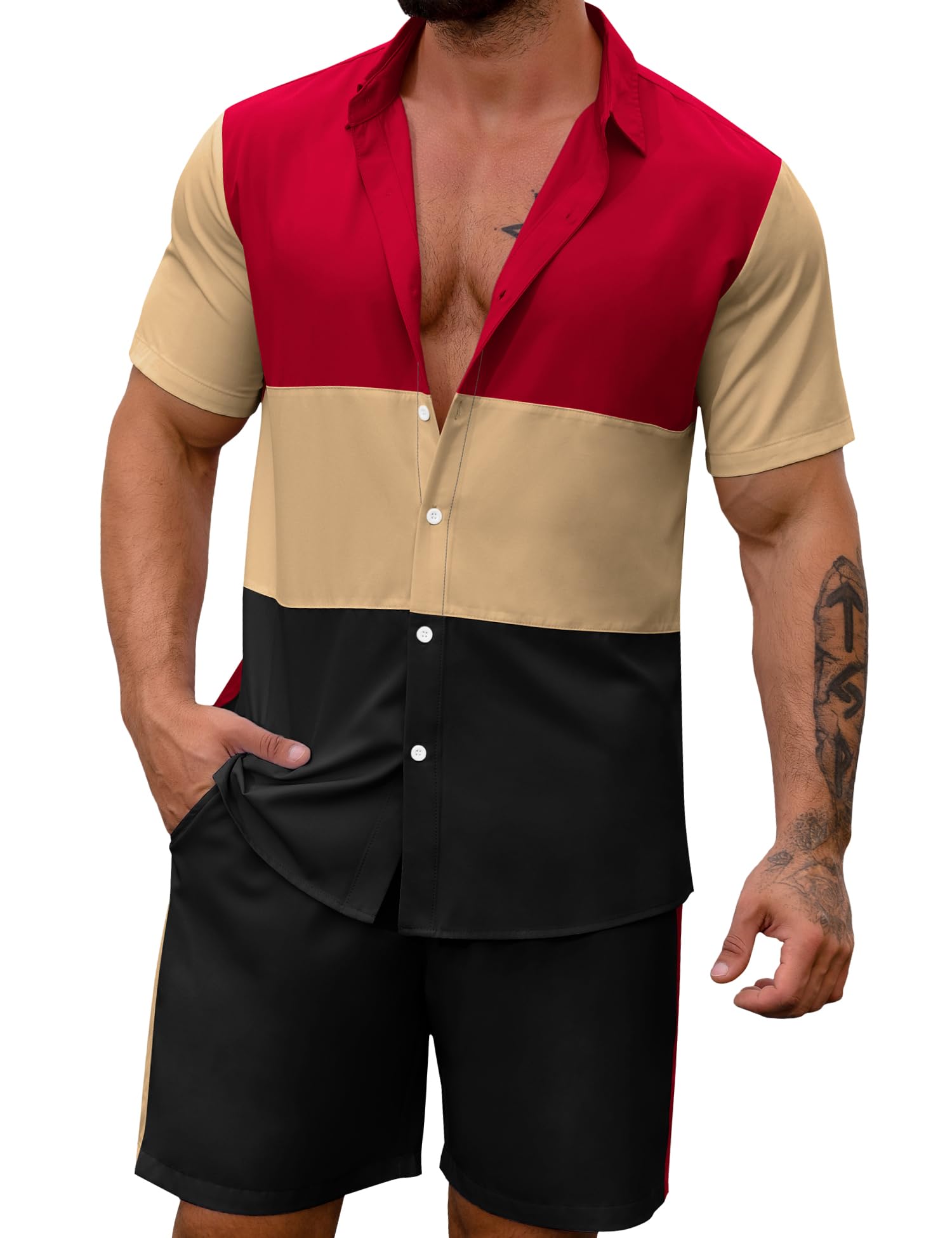 LecGeeMens Short Set 2 Piece Outfits Button Down Color Block Shirts And Shorts Set Summer Tracksuits