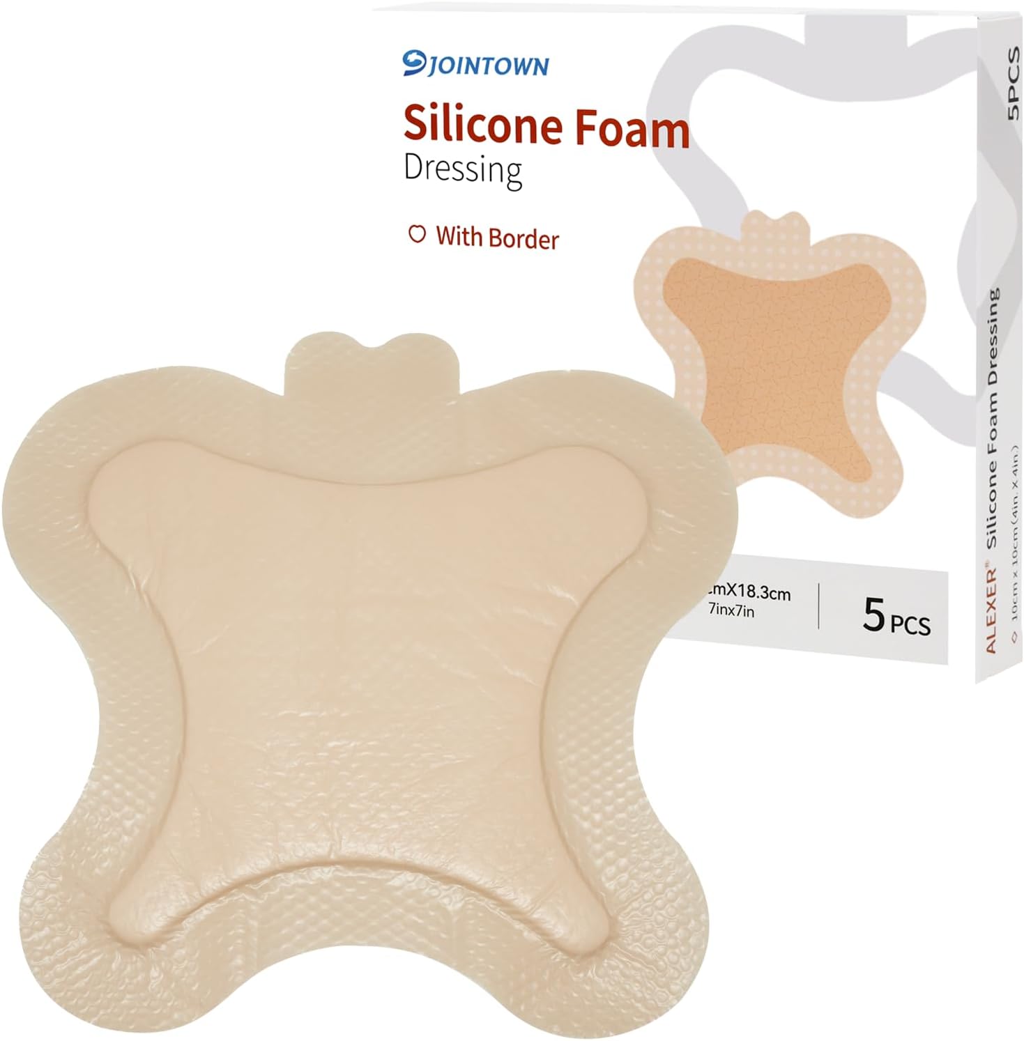Jointown Foam Super Absorbent Wound Care Dressing, Adhesive Silicone Sacral Foam Dressing with Border, Waterproof Bed Sore Bandages, 7"x7", 5 PCS