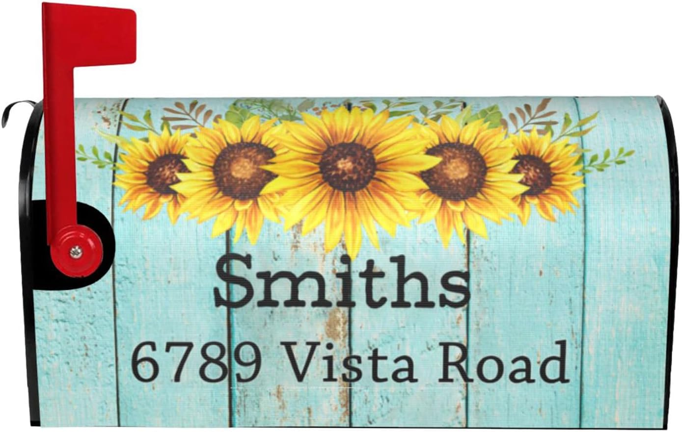Retro Blue Wooden Texture Watercolor Sunflowers Personalized Family Name Address Mailbox Covers Magnetic Wedding Gifts Post Letter Box Covers Mailbox Wraps for Garden Yard Decor