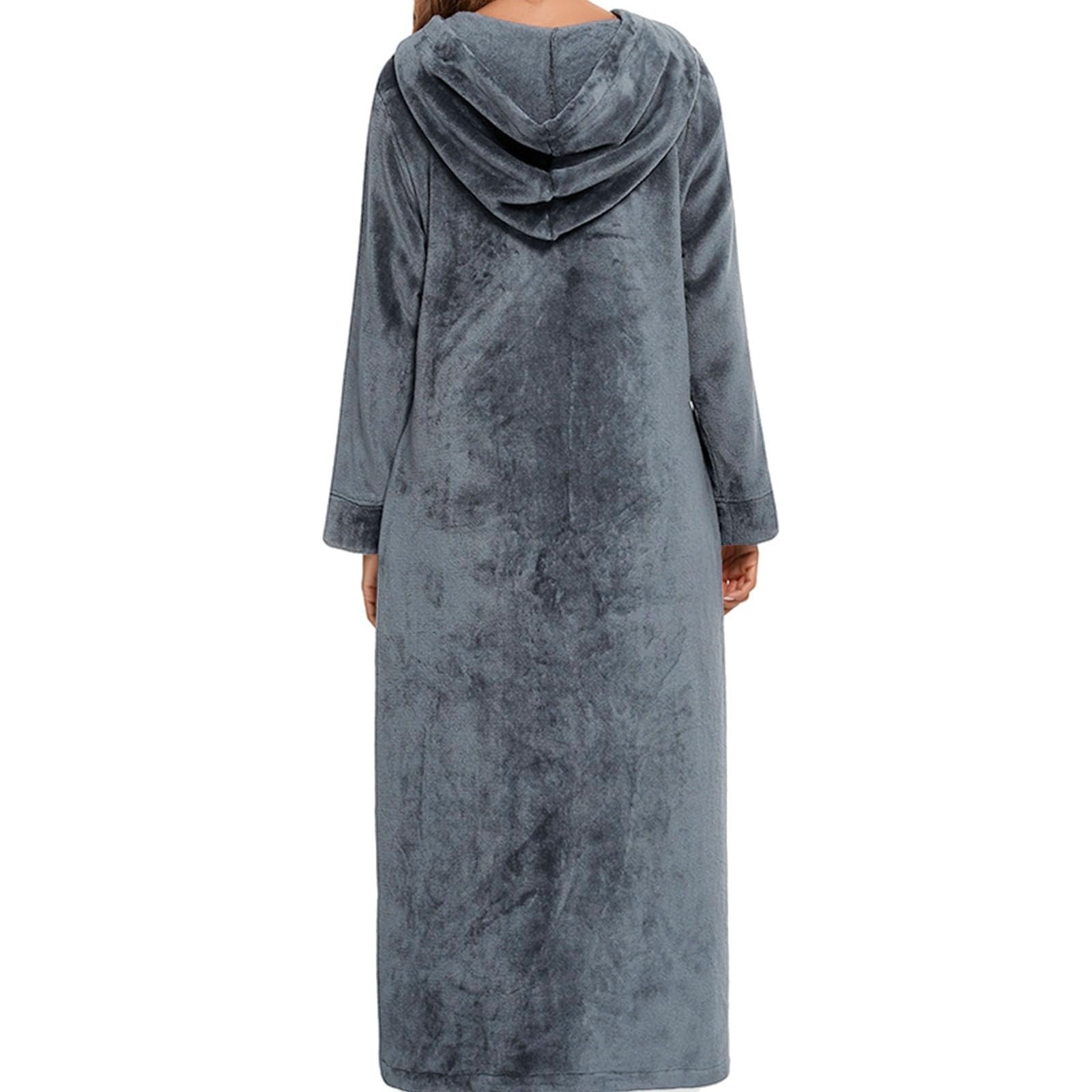 Generisch Peignoir en flanelle à manches longues avec fermeture éclair pour femme, vêtement de nuit chaud pour l'hiver (gris, XXL)