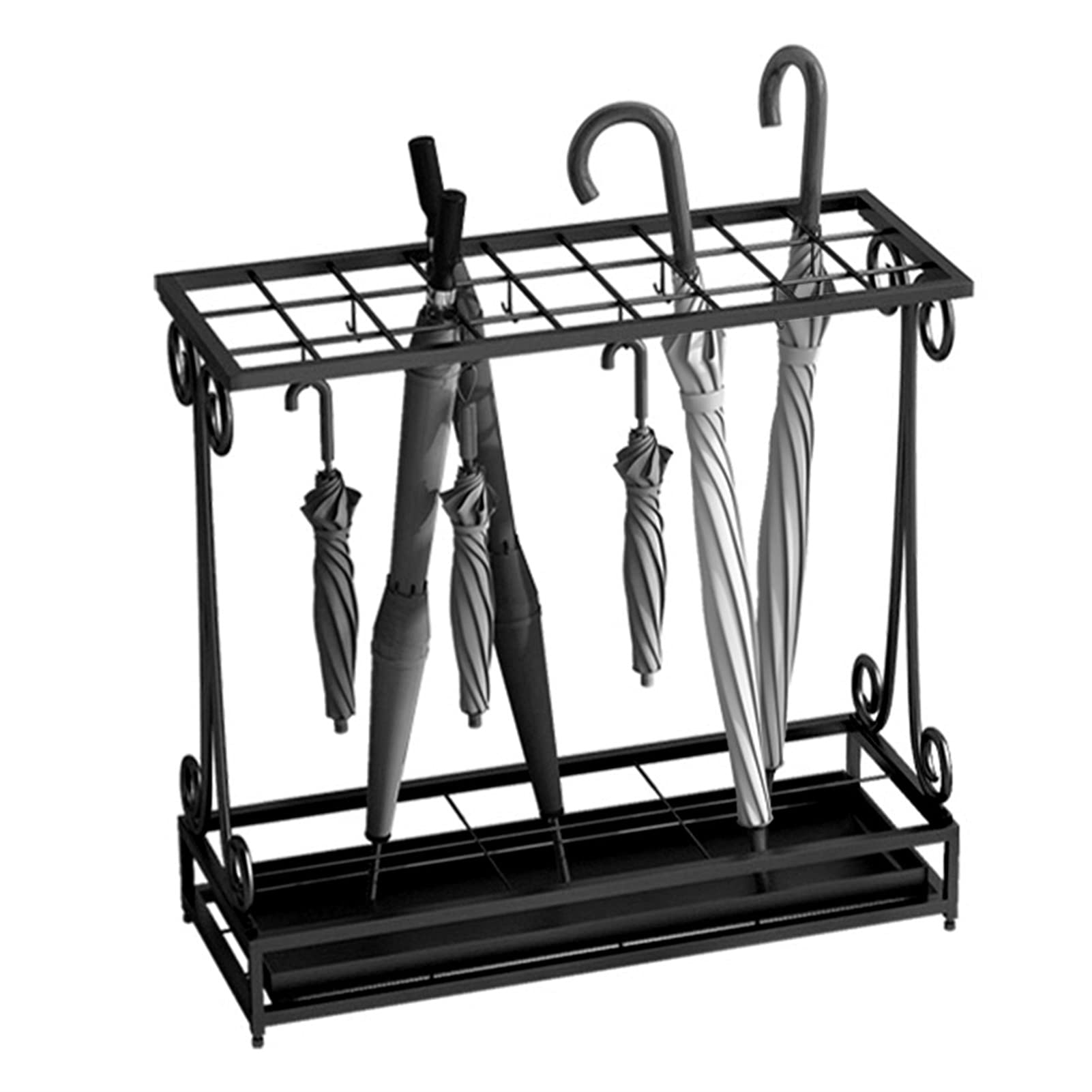 WQPMNYG Large Black Gold Metal Umbrella Stand HolderCane Cue Storage Rack with Detachable Drip Tray Perfect for Hotels Banks Schools Easy Assembly