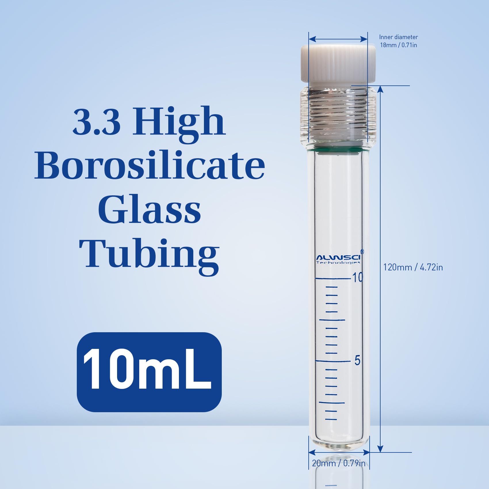 ALWSCI 1 Stücke 10 mL Dickwandigen druck flasche mit PTFE-Buchse und O-Ring, 20x120mm Klarglas-Hochdruckflasche mit Graduierung. 3.3 Borosilikatglas, gerundeter Boden