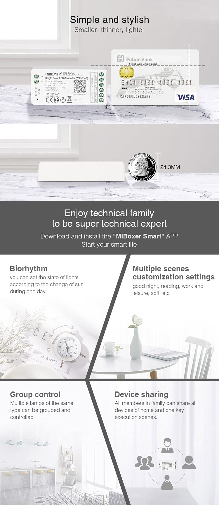 LIGHTEU®, Miboxer dimmer controller per strisce LED WiFi monocolore, controllo vocale remoto e controllo APP, nessun WiFi-box necessario, bluetooth 4.2, FUT036W