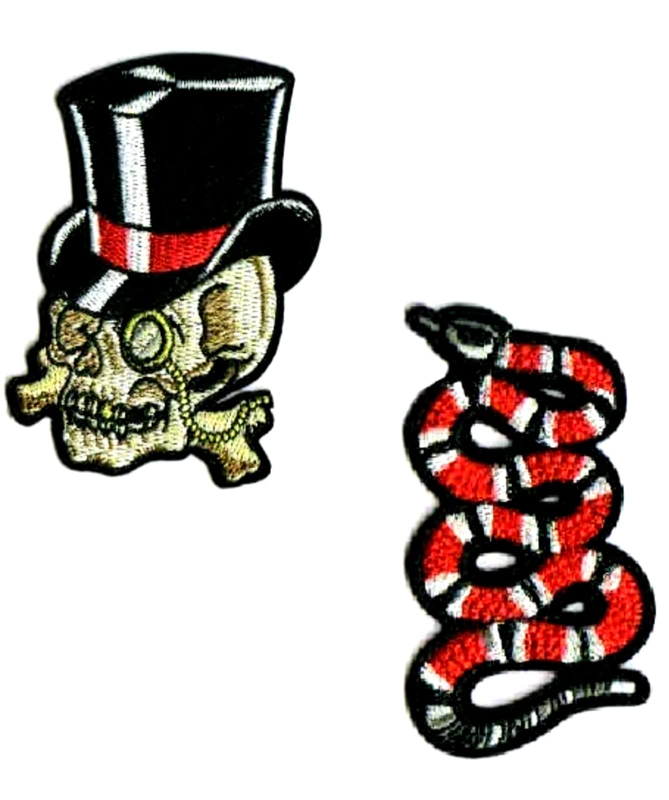 REENA Skull + Snake 2 pc Patches Sew on Patches Combo for Clothes Jackets Pants Jeans Bags Stitching .Multiocolor (Skull + Snake 2 pc)