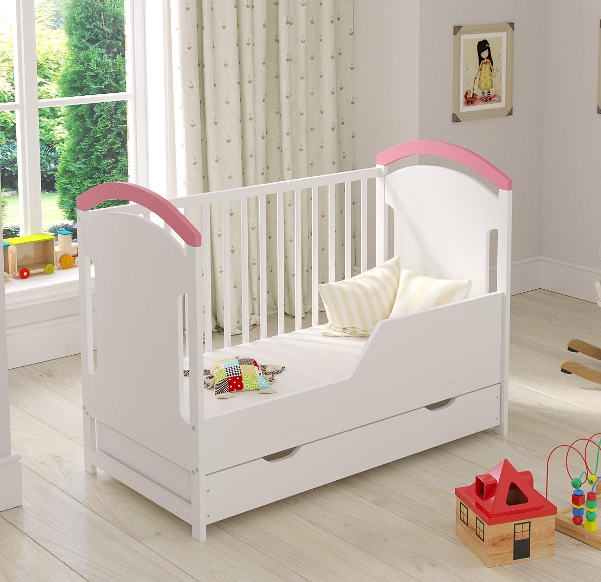 Love For Sleep Lettino Culla Neonato 120x60 cm in Legno di Pino Blu Rosa – Lettino Trasformabile con Barriera di Sicurezza e Protezioni Morbide per Dentizione, per Bambini 0-3 Anni