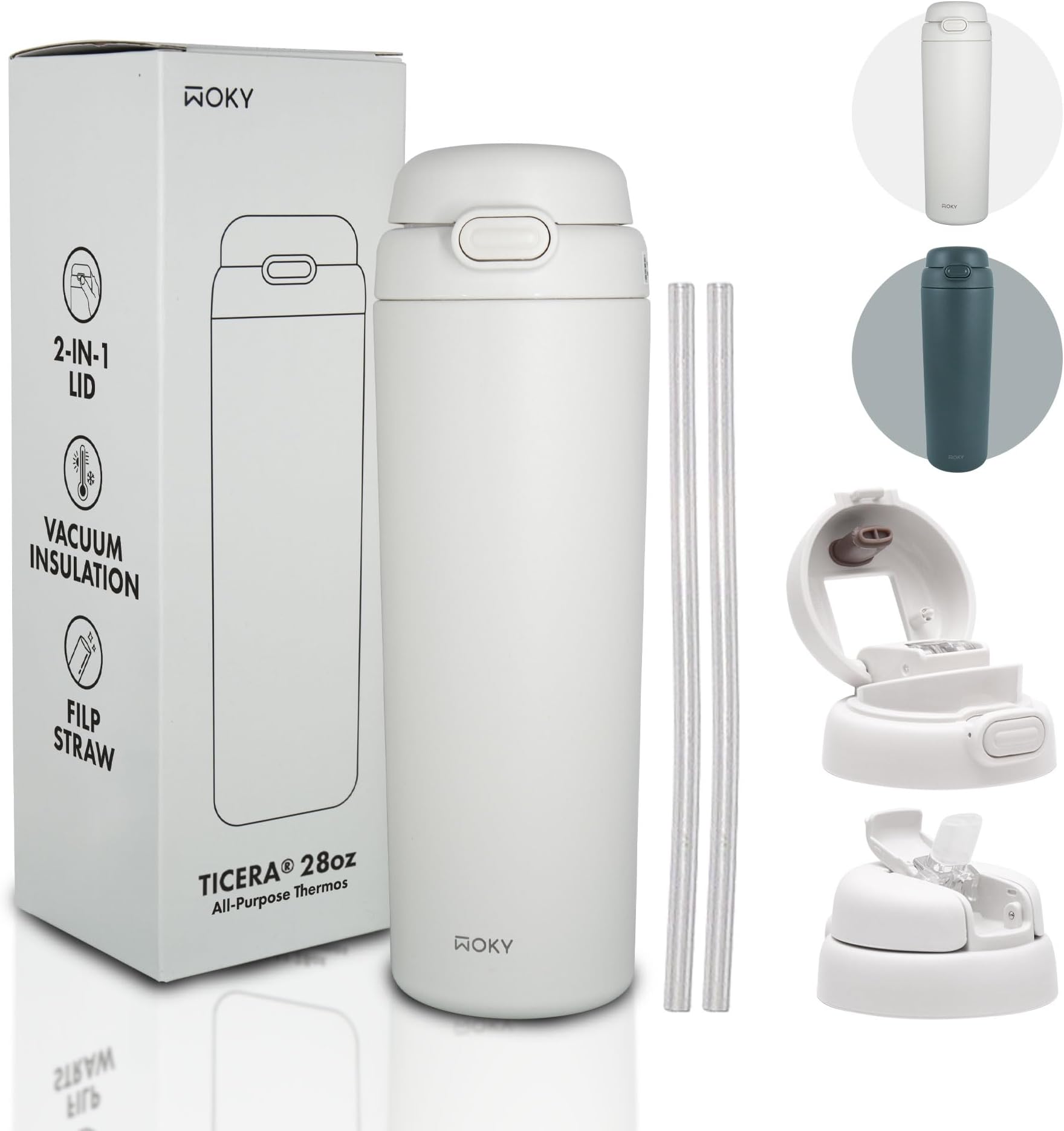 WOKY TICERA All-Purpose Thermos 28.7oz Insulated Tumbler with Straw and Silicone Pad, Leak-Proof and Sweat-Proof, Reusable for Gym, Travel, & Everyday Use | Hot & Cold Drinks (White)