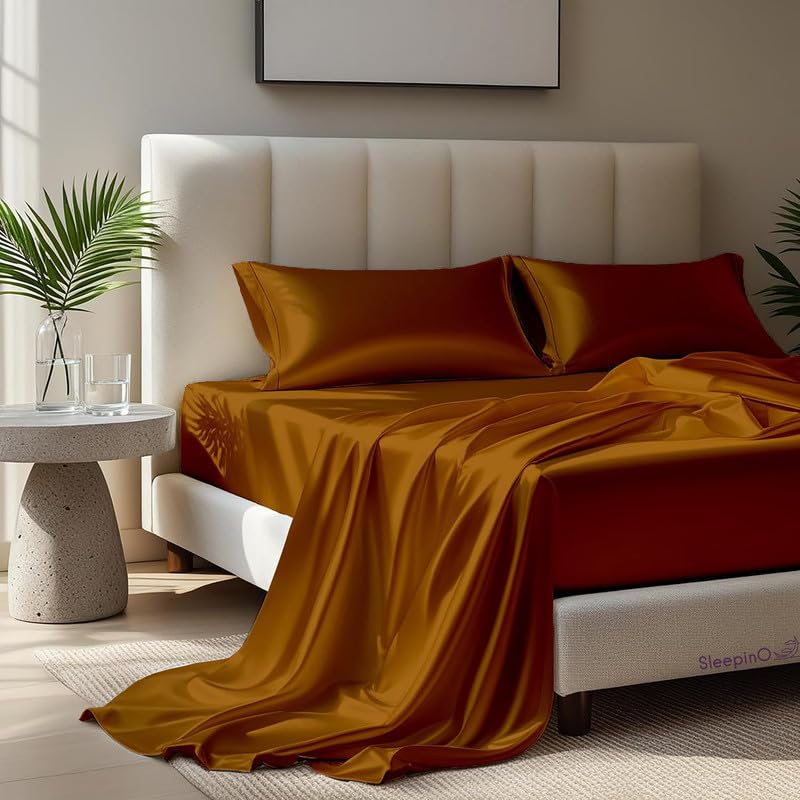 Image of Premium Satin Double Bed (90x100 Inchs) with 2 Pillow Cover Bedsheet Ultra Soft & Silky Smooth, Breathable Cooling Fabric, Luxury Glossy Finish|Copper