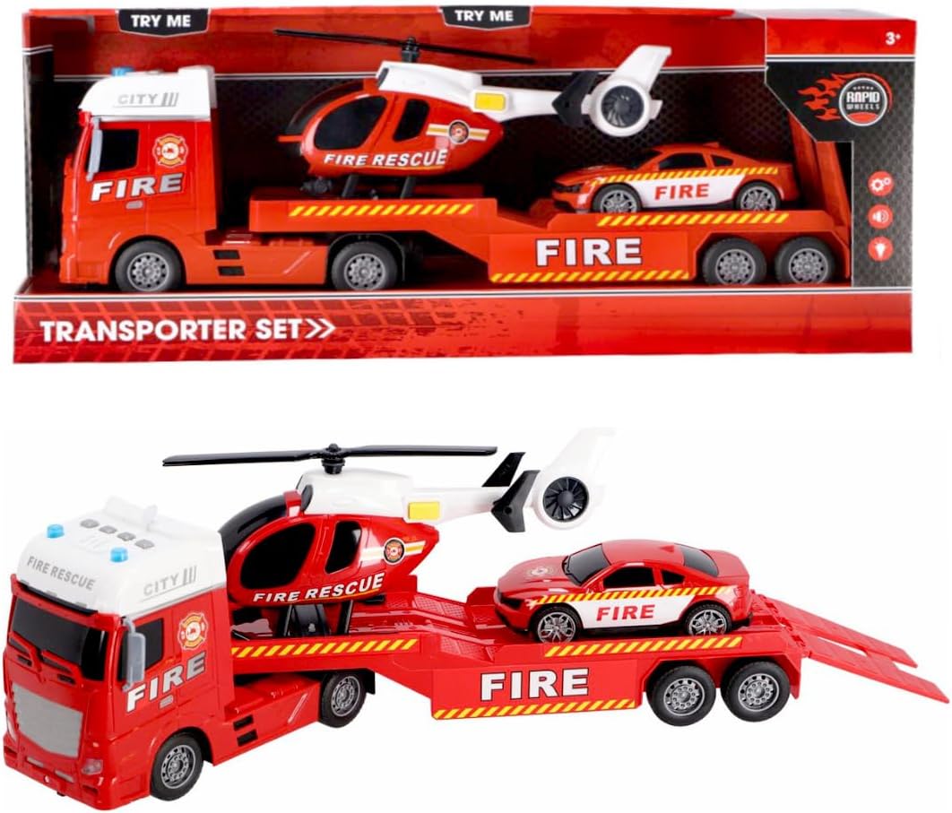 Rapid Wheels Car Transporter Fire Brigade + Car And Helicopter + Light And Sound
