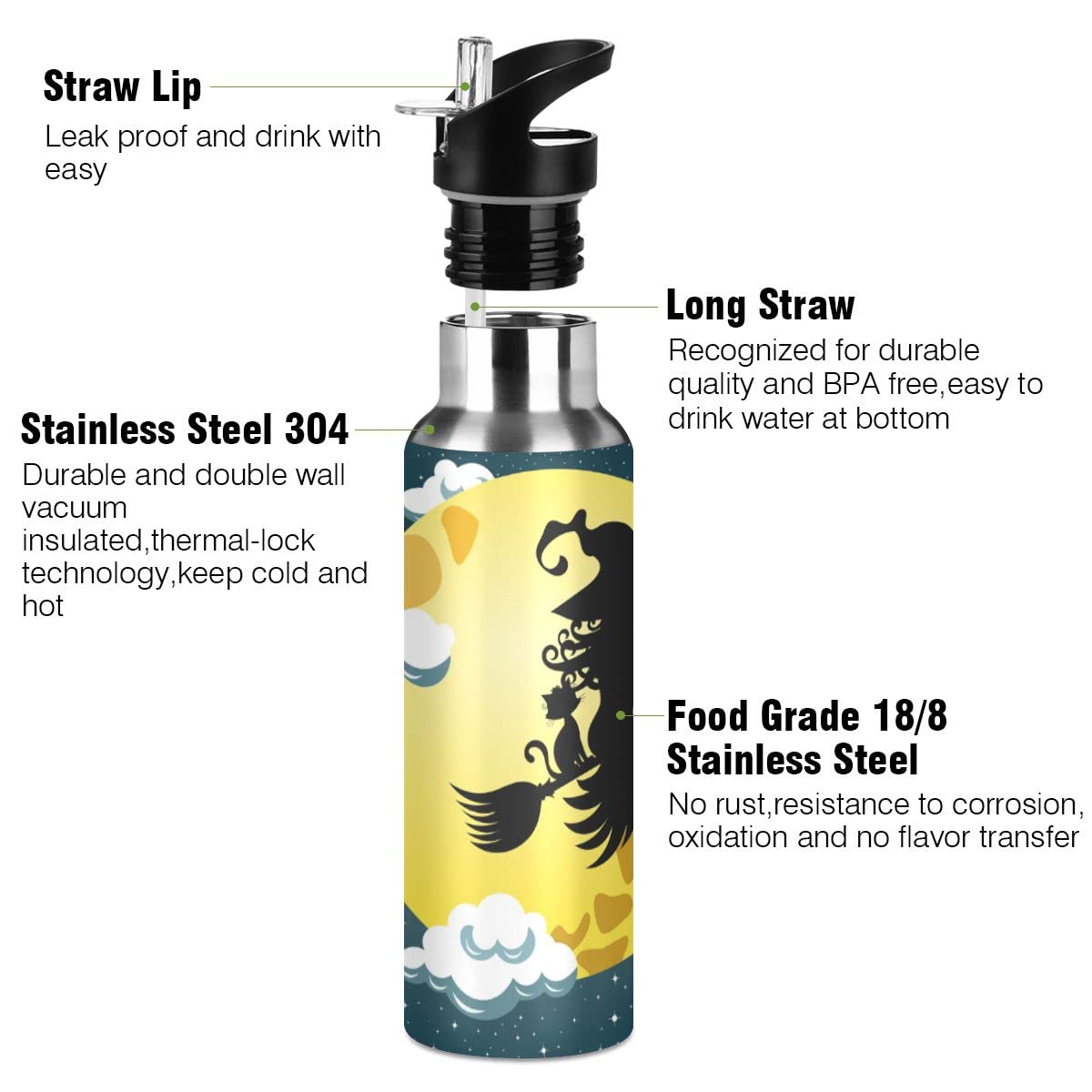 Edelstahl Wasserflasche mit Strohhalm, Halloween Hexe Isolierte Trinkflasche Sport Wasserflasche für Kinder Erwachsene, auslaufsicher, 1L