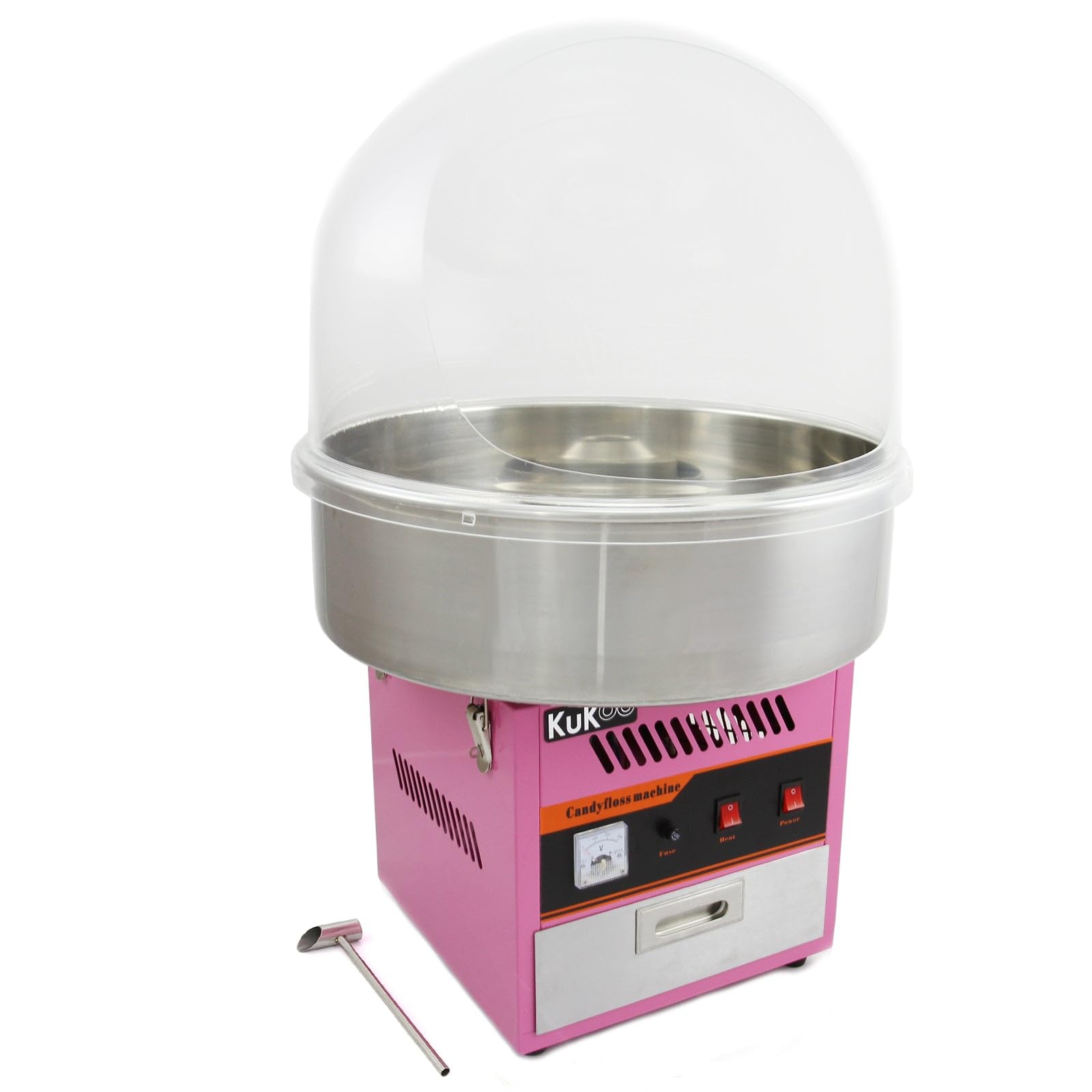 Macchina per Zucchero Filato con Cupola Protettiva, Vasca in Acciaio Inox 50 cm, Design Vintage Rosa, Facile da Usare, Cassetto Integrato, 600 Stecche Bamboo Incluse