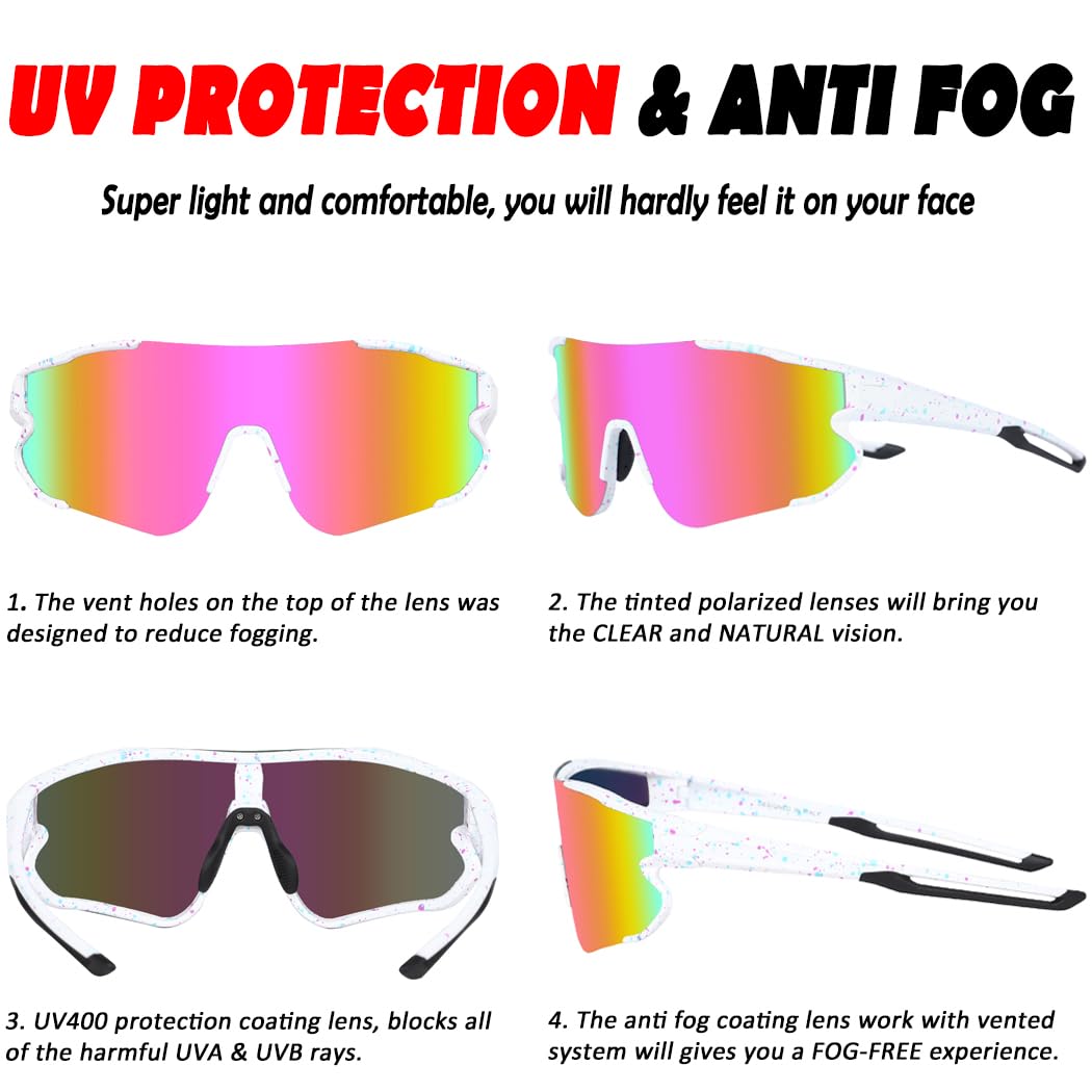 Liekkas Polarised Sports Sunglasses For Men Women Lightweight Running Cricket Cycling Glasses UV Protection White Pink - Image 3