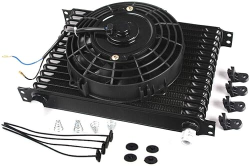 Universal Automotive - Enfriador de aceite de transmisión de motor de aluminio negro de 15 filas, kit de montaje 10AN, ventilador eléctrico de 8