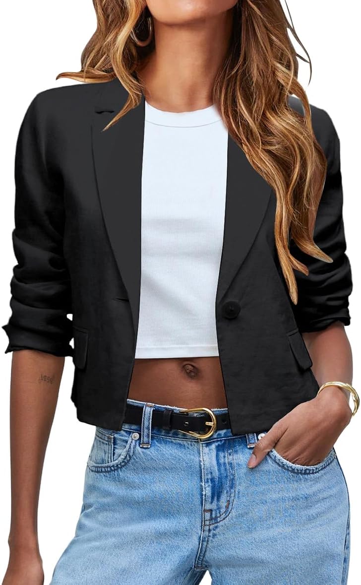 IDEALSANXUN Womens Cropped Blazer Casual Lightweight Cotton Linen Blazer Suit Jackets