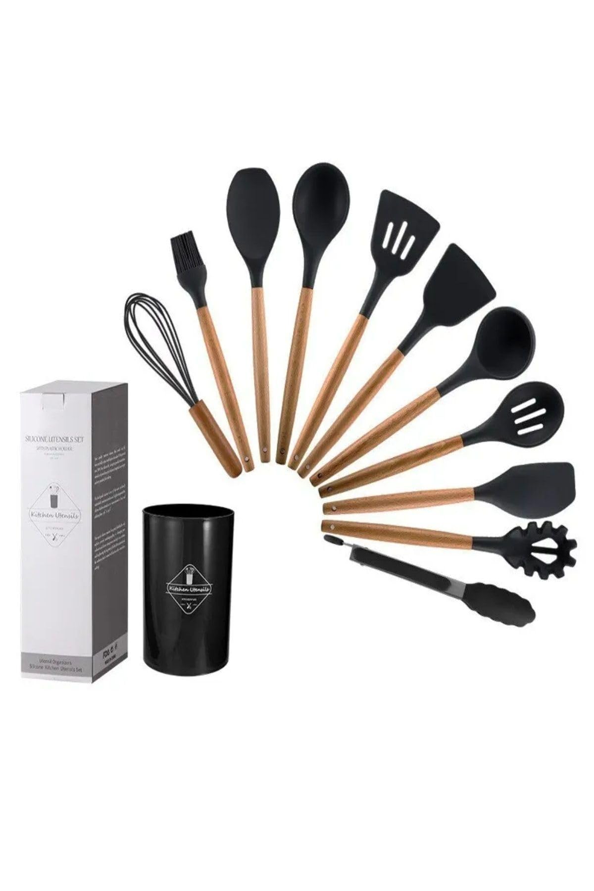 Silikon Spatula Mutfak Gereçleri Seti, 12 Parça, Ahşap Saplı, Siyah Kaşıklık Hediyeli
