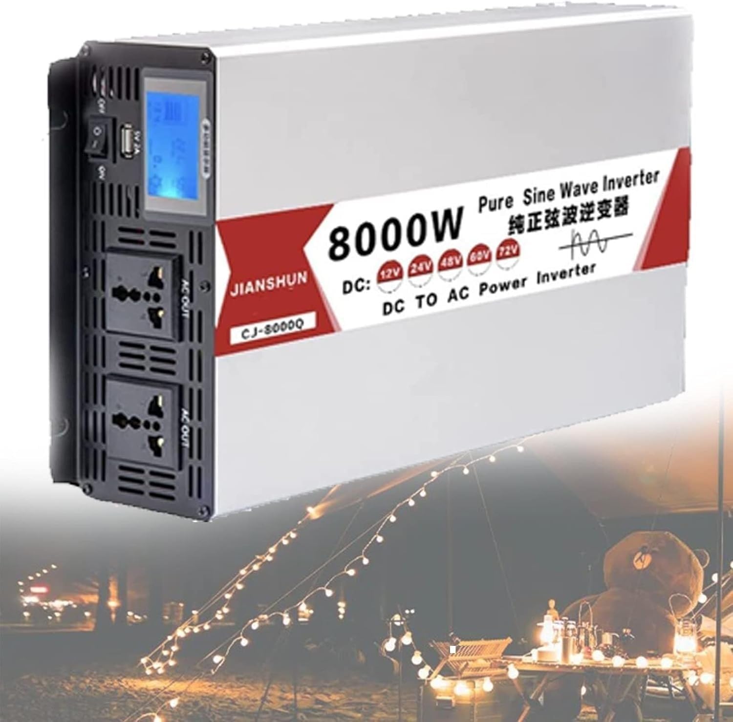 Falownik sinusoidalny 4000 W/5000 W/6000 W/8000 W DC 12 V/24 V/48 V/60 V/72 V AC 110 V przetwornica napięcia z gniazdami AC, wyświetlacz LCD do podróży, na kemping (8000 W, 24 V)