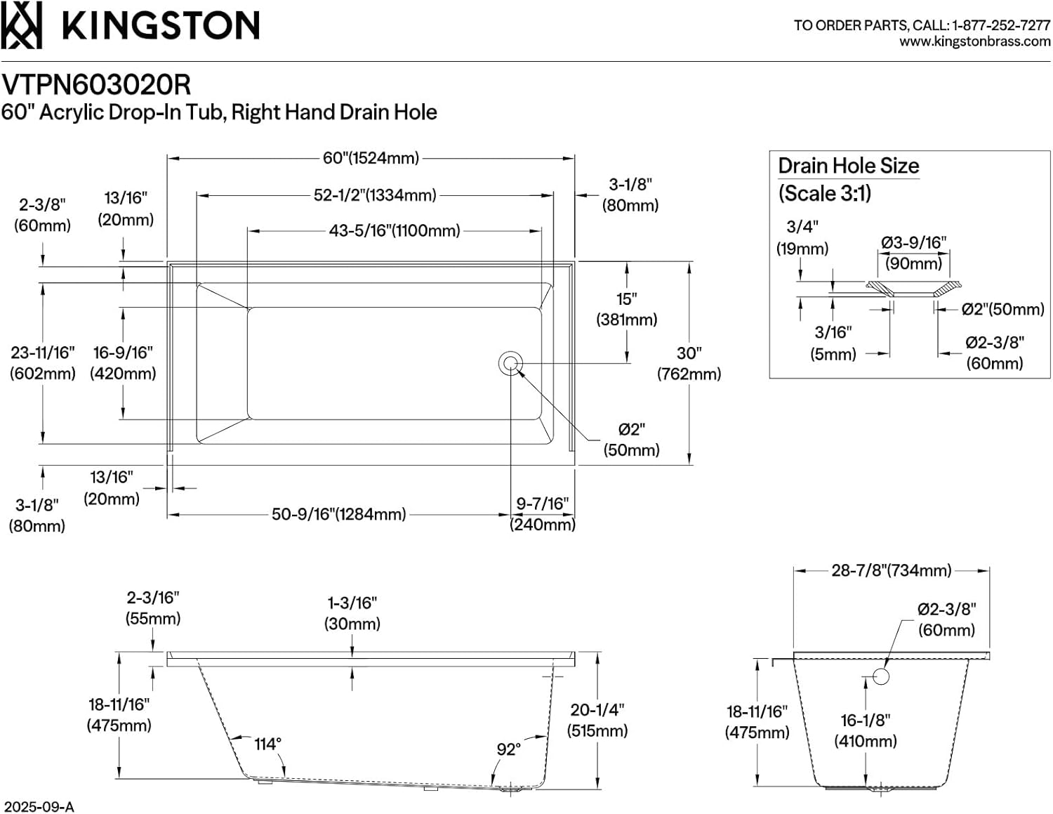 Kingston Brass VTPN603020R 60-Inch Acrylic Drop-In Tub with Right Hand Drain, White