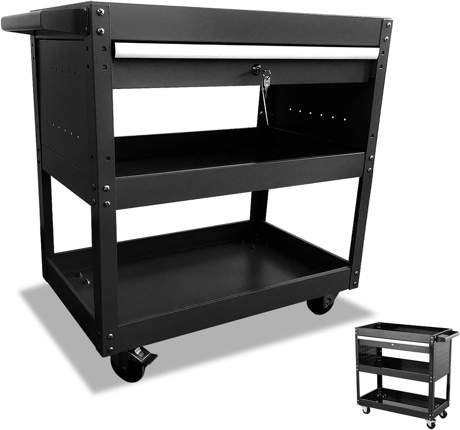 Rolling Tool Cart with One Lock Drawer, 3Shelf Big Tool Cart Tool