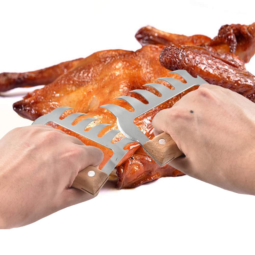 OTQEFTN Meat Claws Shredder, BBQ Bear Claws, Stainless Steel Pulled Pork Chicken, Metal Barbecue Claws with Wood Handle for Shredding, Pulling, Lifting Meats,A,2PCS (Color : B, S