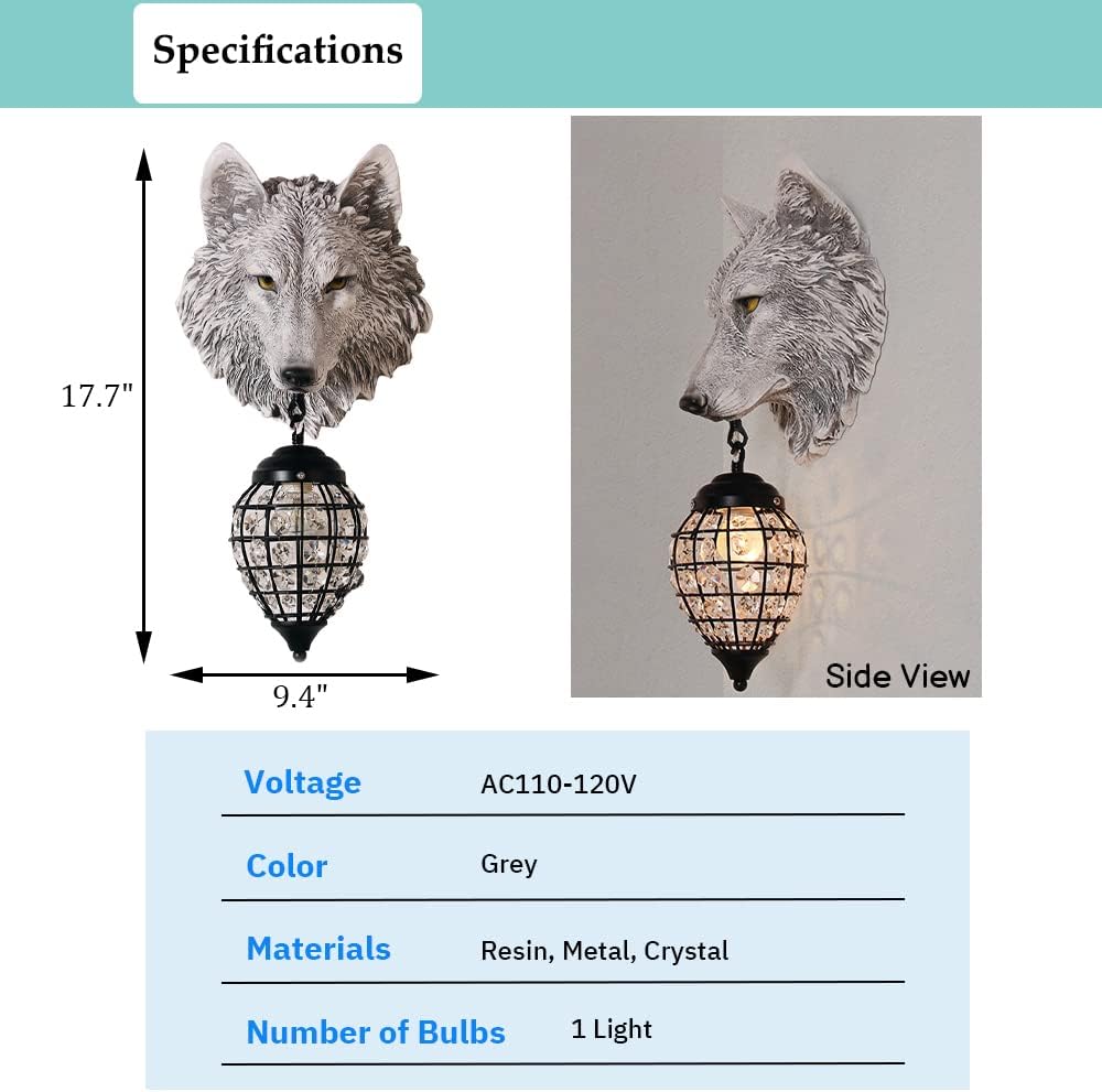 Rustic Wall Sconce, Wolf Wall Sconce Lighting with Crystal Shade, Resin Farmhouse Decorative Wall Light Grey Finish