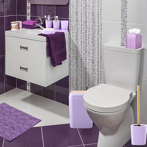 Miniatura 6 de Juego de accesorios de baño de 10 piezas, cubo de basura morado con tapa de bambú, cepillo de inodoro, dispensador de jabón, jabonera, vaso, soporte