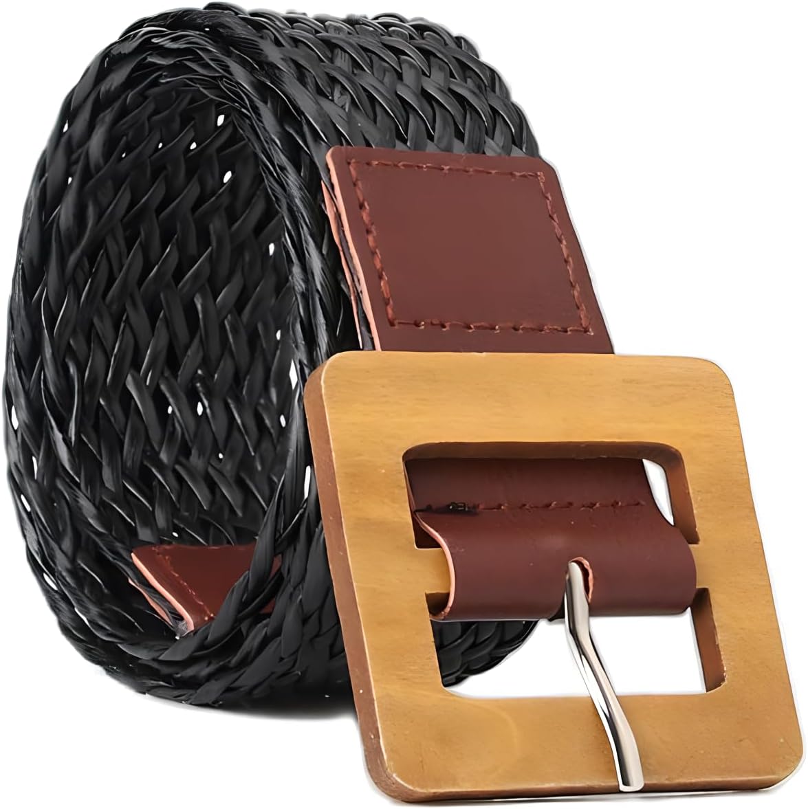 Women Faux Leather Woven Belts for Dresses Wide Waist Belt with Square Buckle