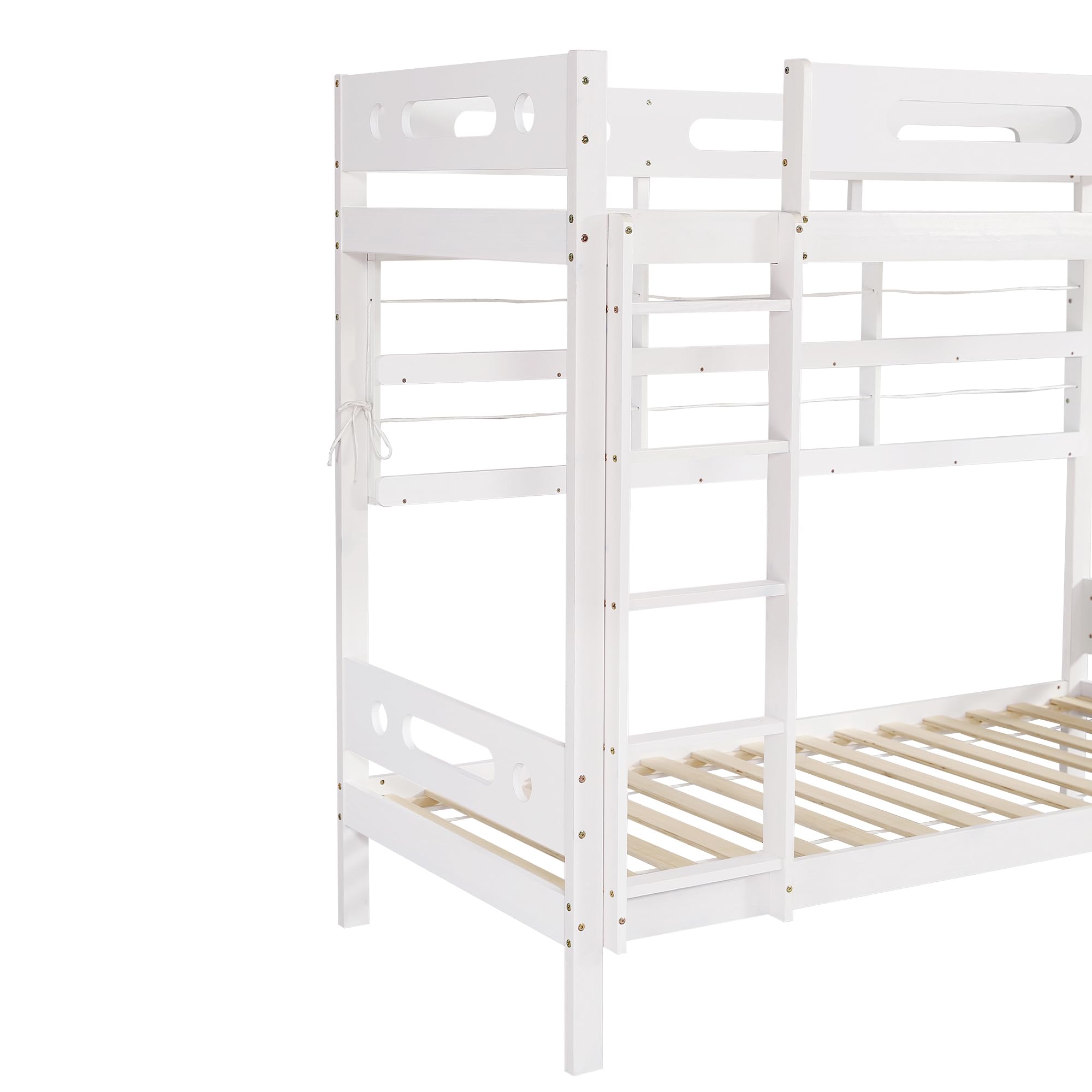 Letto a castello, 90 x 200 cm, lettino con rete anticaduta, due cassetti su ruote, scaffale aperto, scala a cinque livelli, ampio spazio di archiviazione, pino+MDF, bianco