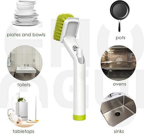 Miniatura 5 de Cepillo dispensador de jabón con asa, cepillo EHOMGUI para limpiar platos, cocina y hogar, cepillo de cocina antiarañazos con 4 cabezales de
