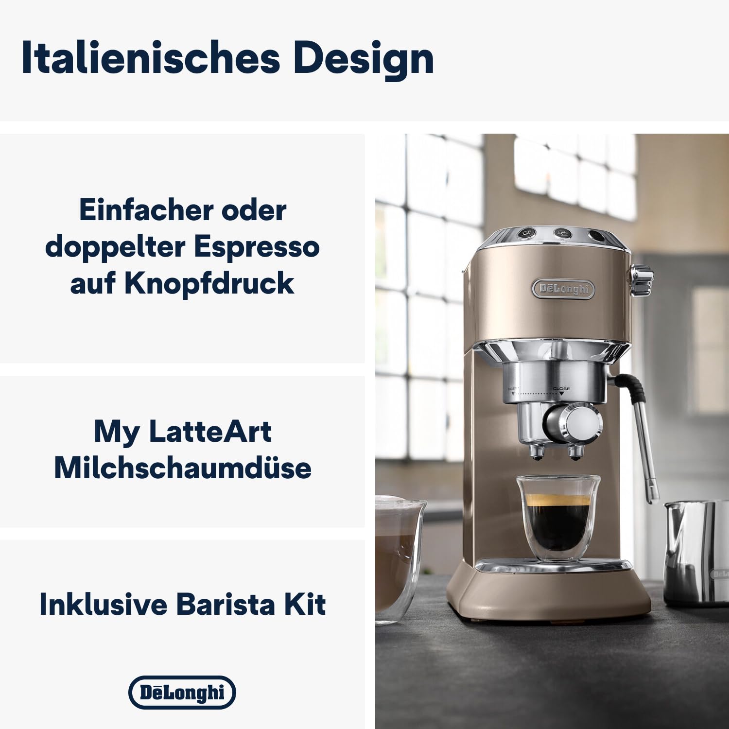 De'Longhi Dedica Arte EC 885.BG Espressomaschine Siebträgermaschine 15 cm 1L Wassertank MyLatteArt Milchschaumdüse Beige