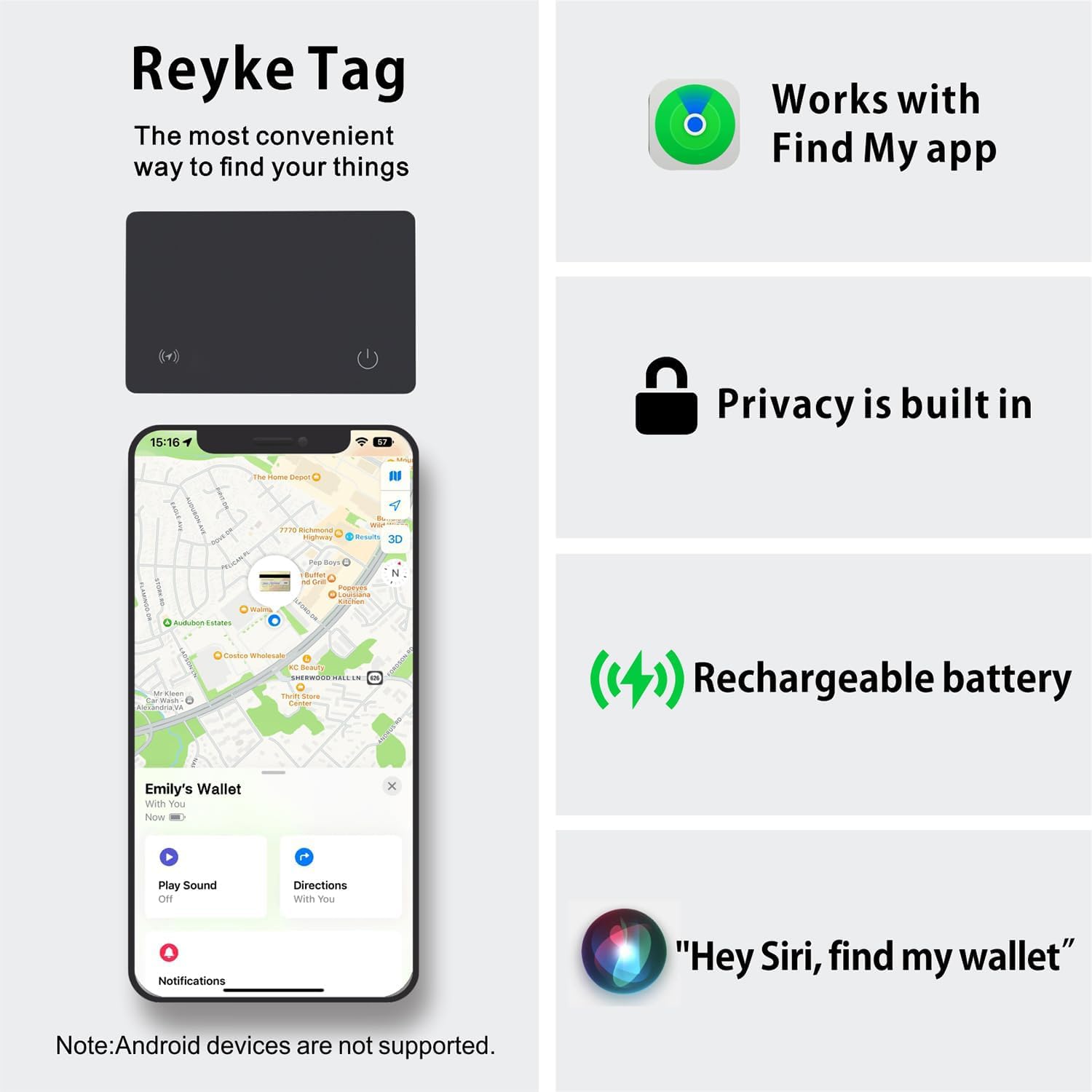 Reyke Lot de 2 cartes de suivi de portefeuille rechargeables compatibles avec Apple Find My (iOS uniquement) pour étiquettes de bagages, téléphones portables, passeports, étanchéité IP68