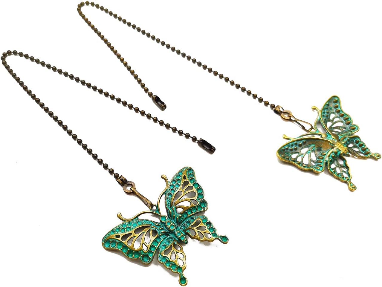 Ceiling Fan Pull Chain Extender, 2 Pack 12 Inch Vintage Butterfly Fan Pull Chain Extension with Connector, Pull Chains for Ceiling Fans and Lights (Green)