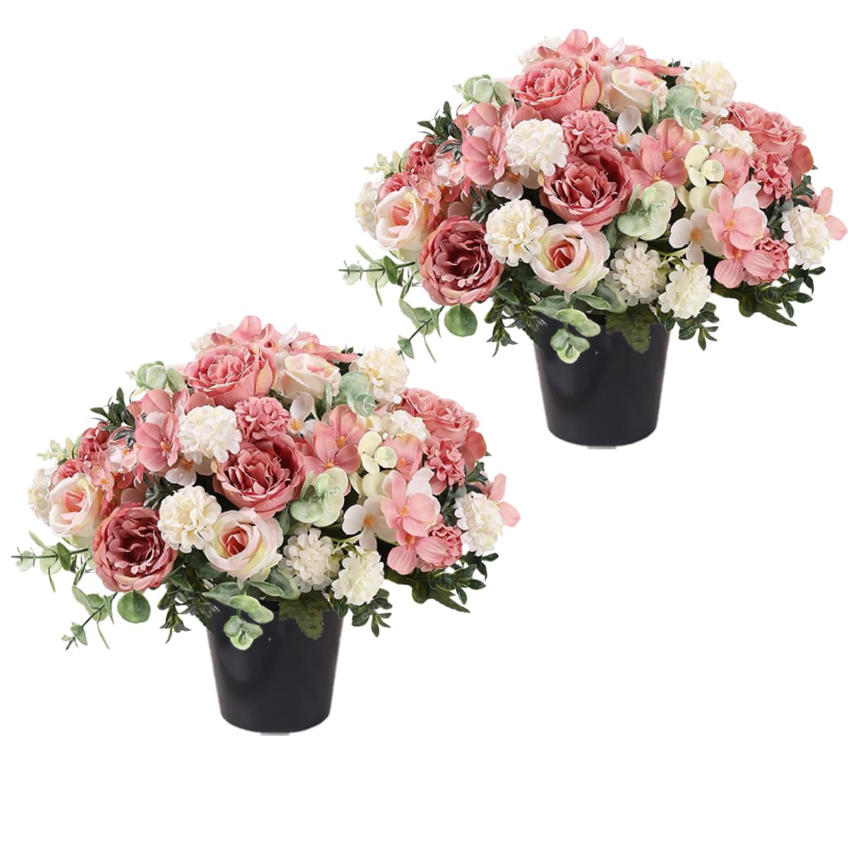 Etomvoop Pink 2Pcs Artificial Grave Flowers In Pots Fake Peonies Hydrangea Silk Cemetery Flower Weatherproof Funeral Flower For Outdoor Graveside Home Wedding Party Decoration