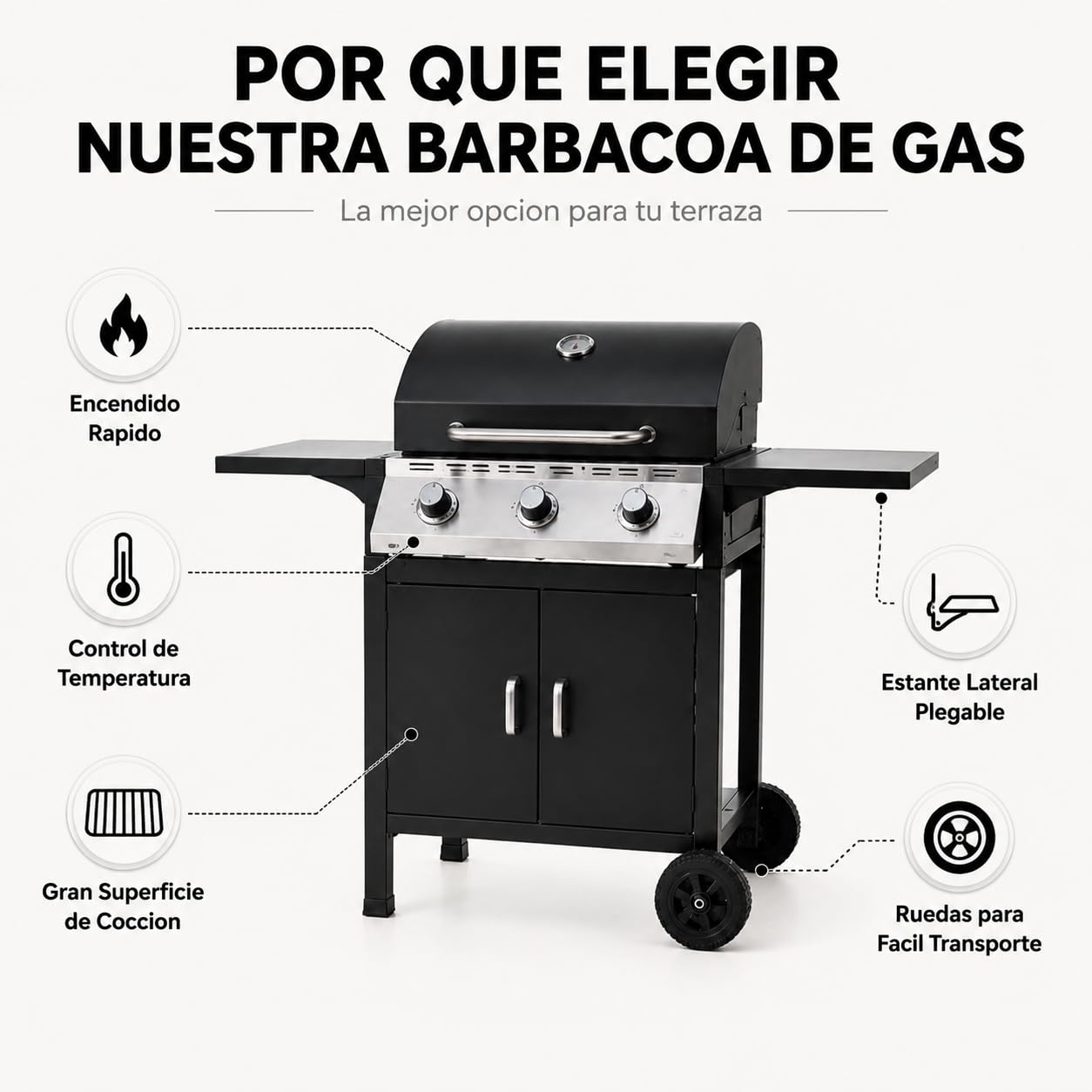 Barbacoa de gas 3 fuegos con tapa y termómetro integrado – Parrillas resistentes, ventilación lateral, mesas laterales plegables, estructura robusta – Barbacoa exterior