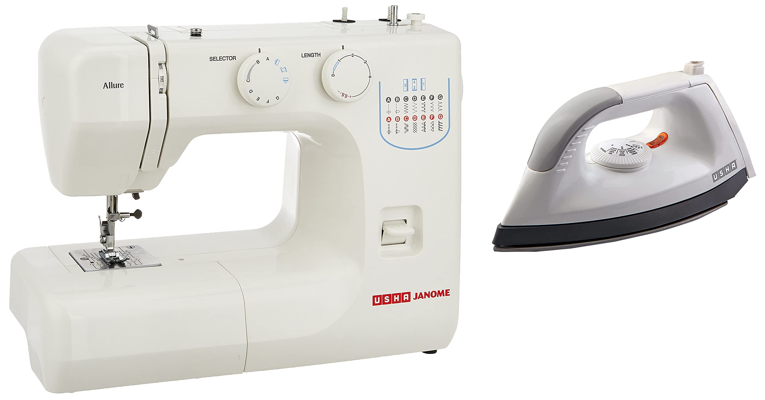USHA Janome Allure Automatic Zig-Zag Sewing Machine And Get Usha Dry Iron (1602) 1000W, White