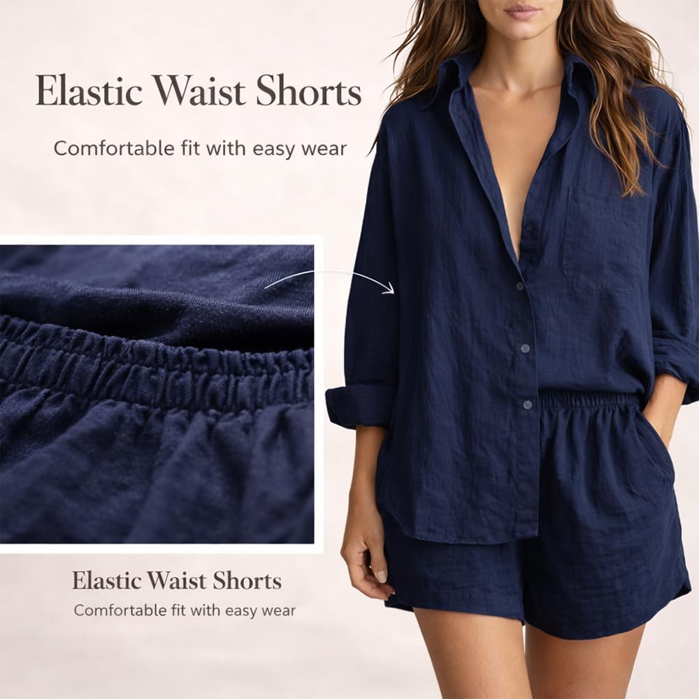 Womens 2 Piece Outfits Button Down Shirt and Shorts Set Casual Summer Matching Set, Travel Beach Outfit with Pockets