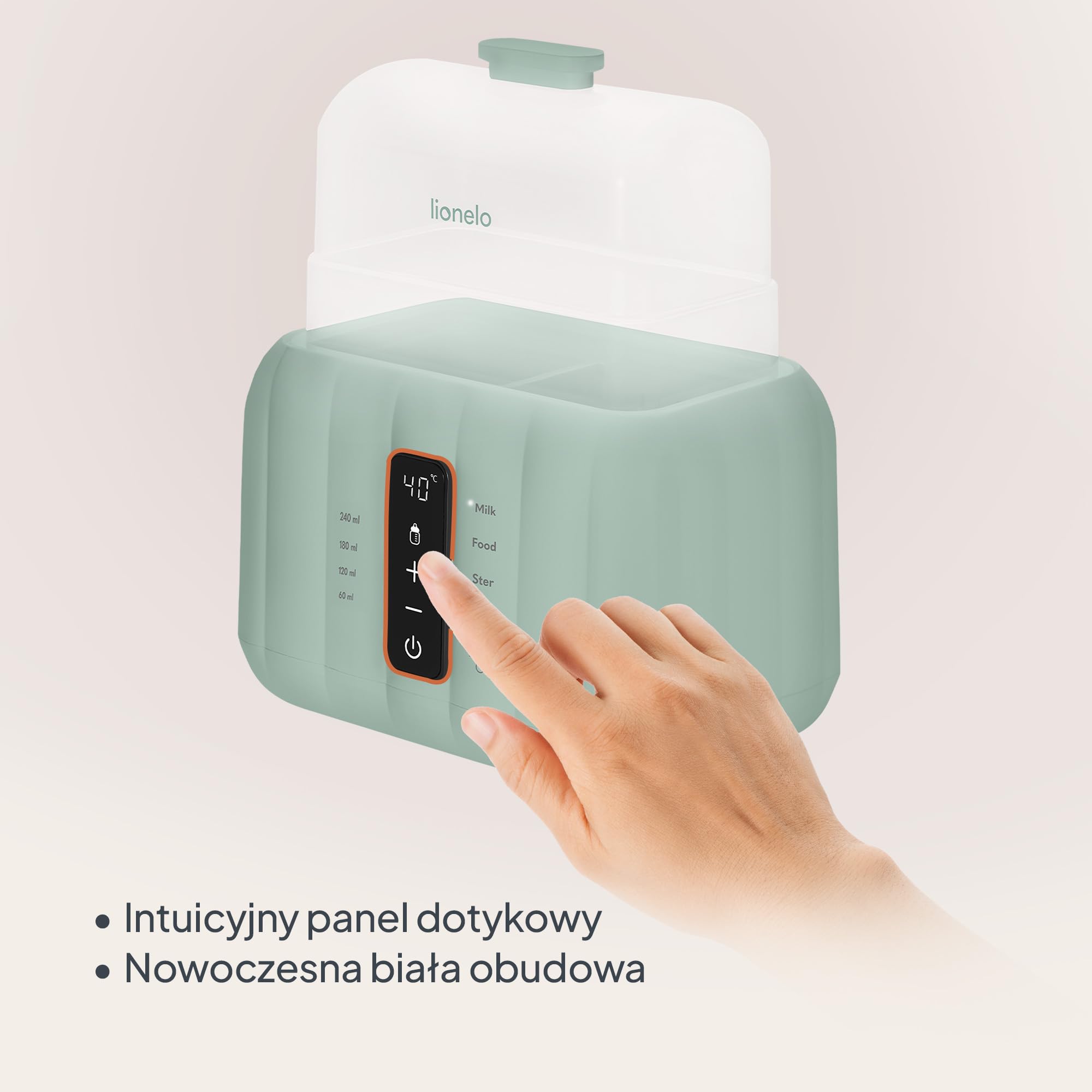Lionelo Thermup Duo, elektryczny podgrzewacz do butelek 6 w 1 z podwójną komorą, ogrzewaniem mleka i kleiku, bezpieczne i szybkie rozmrażanie, sterylizacja, utrzymanie ciepła, panel dotykowy, bez BPA