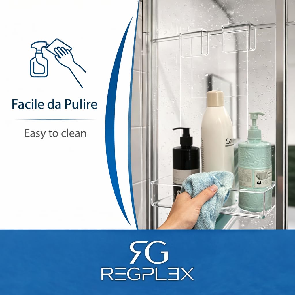 REGPLEX Porta Shampoo da Doccia in Plexiglass - Installazione Facile senza Forare, Adatto per Box Doccia da 6 fino a 40mm Vedi Varianti - Design Monoblocco, Made in Italy (Spessore Vetro 6-15mm)