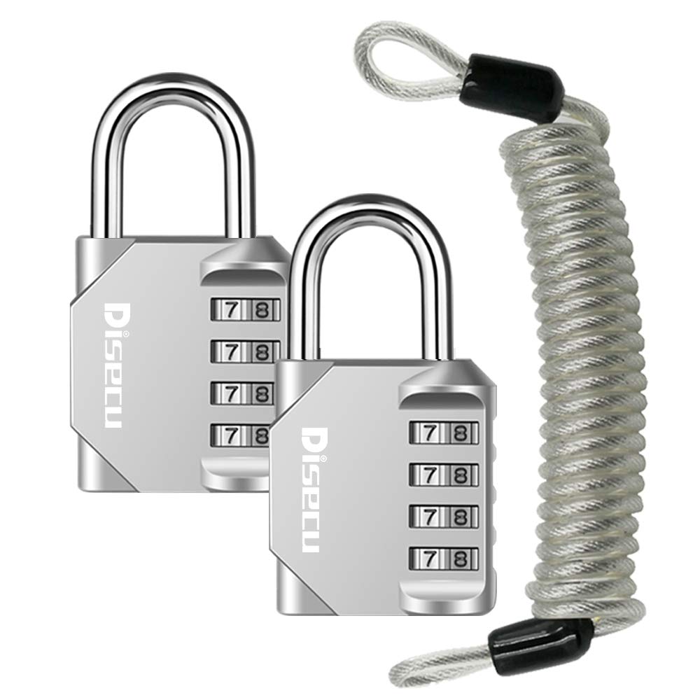 2 Pack disecu 4 Digit Combination Lock, Outdoor Waterproof Padlock with Steel Cable for School Gym Locker, Helmet, Gate, Fence, Luggage (Silver)
