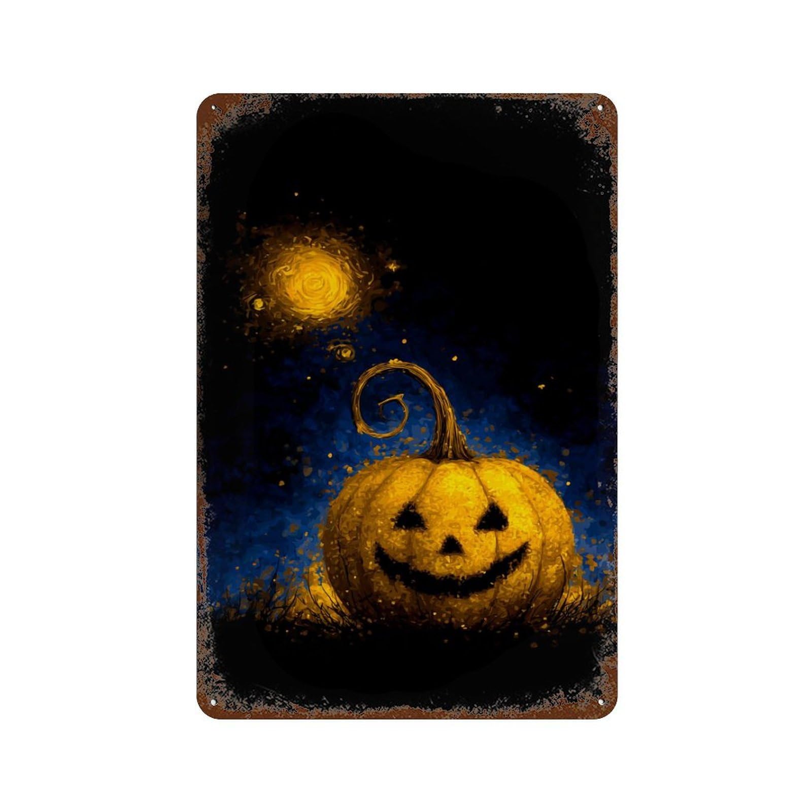 Halloween Pumpkin Night Scene 11.8"x7.9" Weathered Tin Sign, Rustic Home Decor for Living Room, Hallway And Home Decor