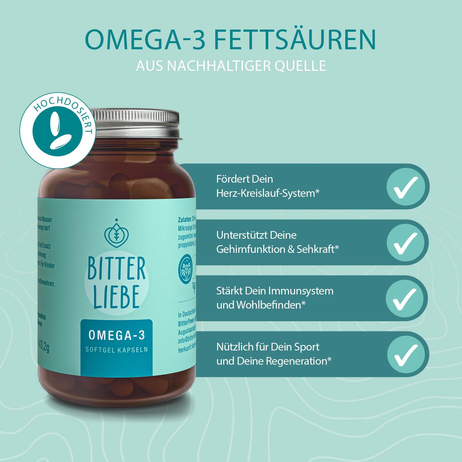 BitterLiebe - Omega 3 vegan Kapseln hochdosiert aus pflanzlichem Algenöl - hochwertigem EPA und DHA - Premium Omega-3-Fettsäuren für Veganer - leicht schluckbar ¹