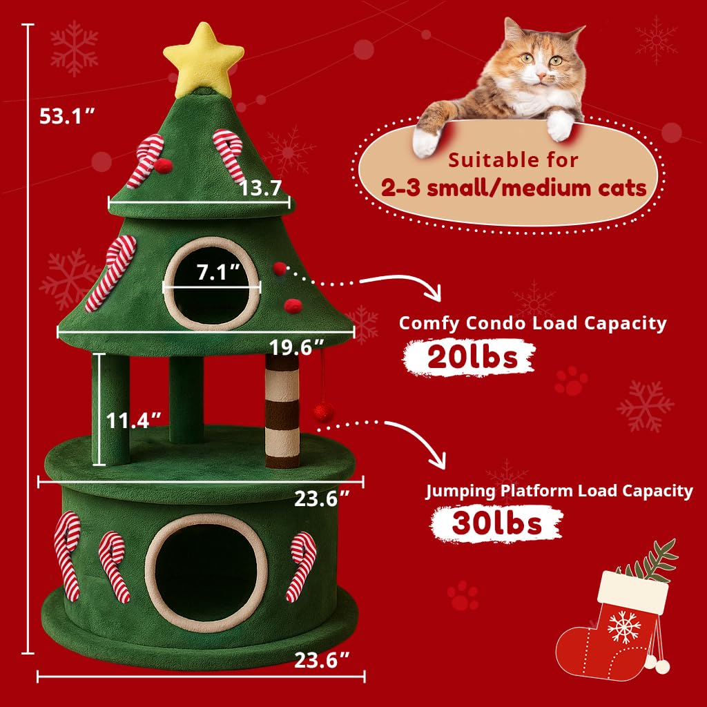 COMHOMA Kratzbaum alto 135 cm design albero di Natale, tiragraffi a più livelli con cuccia per gatti, piattaforme e palline da gioco, albero arrampicata stabile per gatti, verde