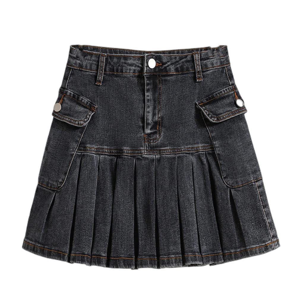 Röcke,Damen-Minirock Schwarz High Waist Spleißen Denim-Faltenröcke Mit Tasche Slim A-Linie Geraffte Rüschen Hüften Gewickelter Kurzer Rock Für Mädchen Damen,M